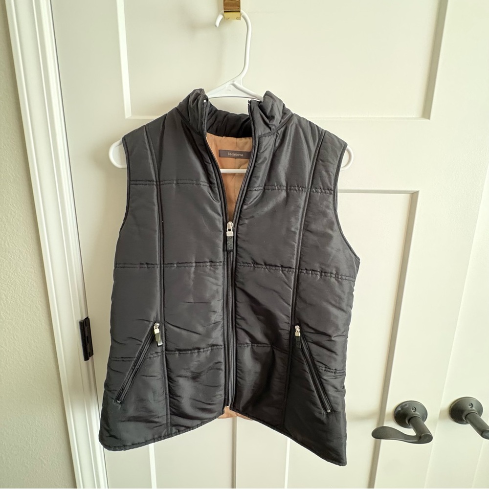 Liz Claiborne Black Quilted Puffer Vest | Full Zip Mock Neck | Tan Lined, small
